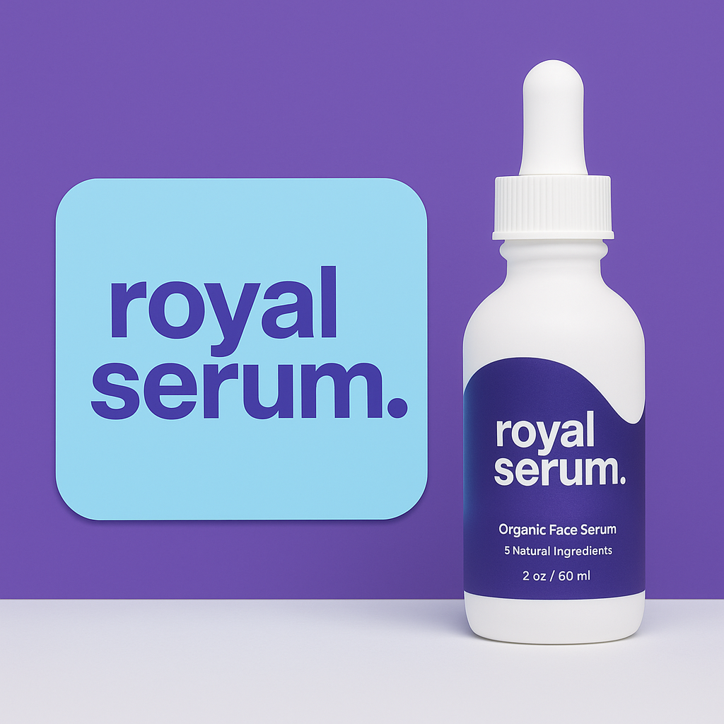 Royal Serum organic face serum product with purple branding and dropper bottle